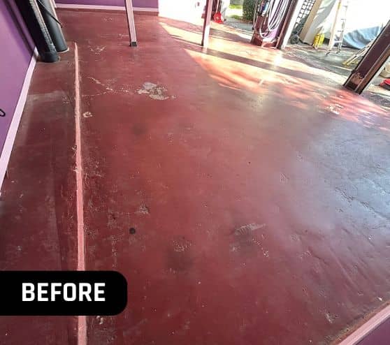 homeowner garage with old red flooring before portrait