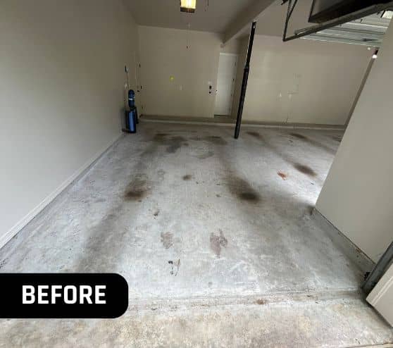 before portrait of homeowner garage with stains