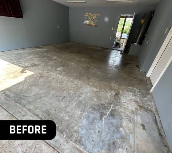 before portrait of homeowner garage with old concrete flooring