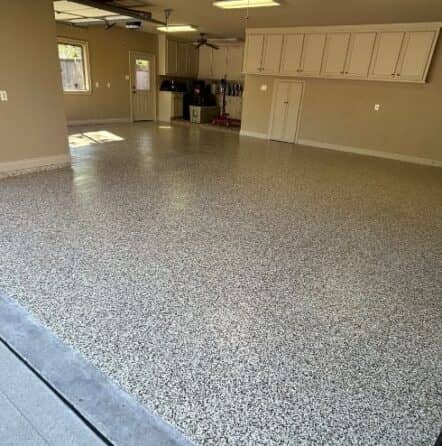 homeowner garage with Saddle Tan Epoxy Flake Flooring installed