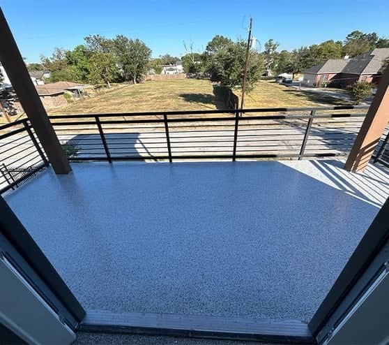 close-up of balcony with new epoxy flake flooring