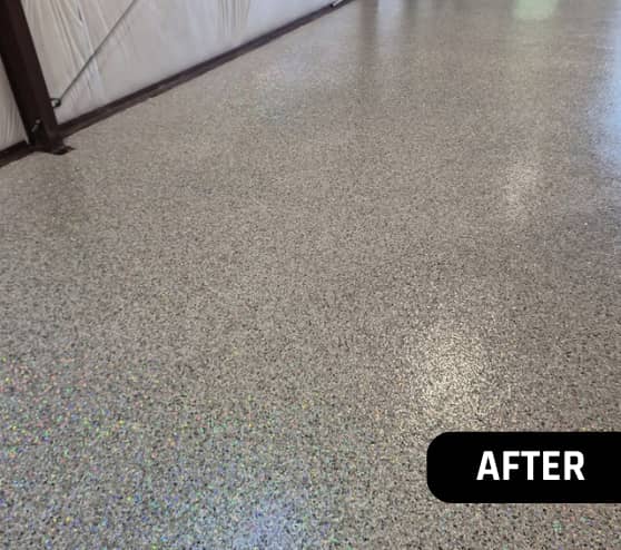 After Custom Epoxy Flake Workshop Coating Floor for Homeowner in Huntsville, TX