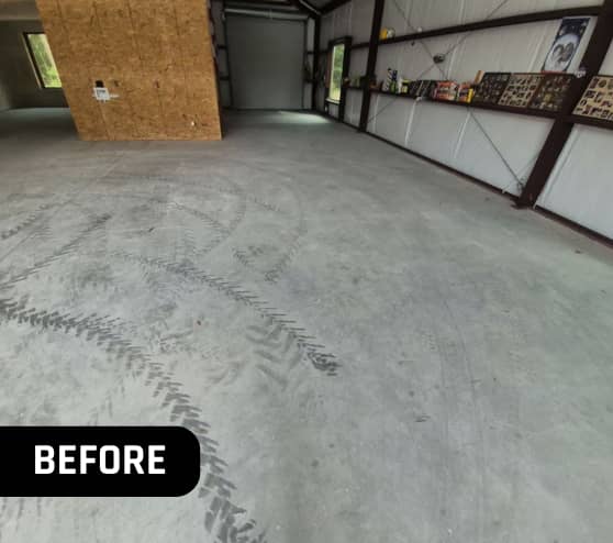 Before Custom Epoxy Flake Workshop Project Floor for Homeowner in Huntsville, TX