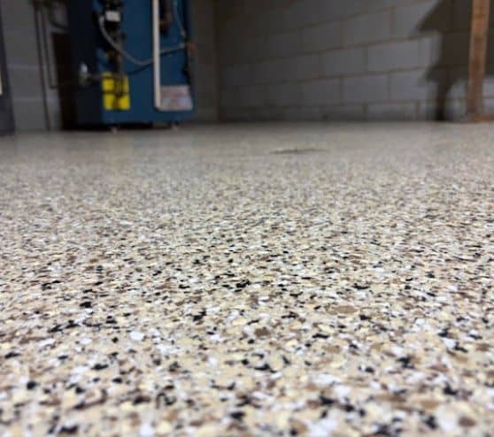 close-up of Cappuccino Solid Epoxy Flooring for homeowner basement