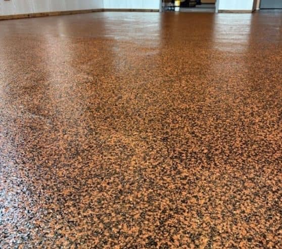 close-up of custom epoxy flake flooring for commercial building
