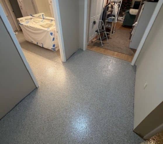 homeowner hallway with new Creekbed Epoxy Flake Flooring installed