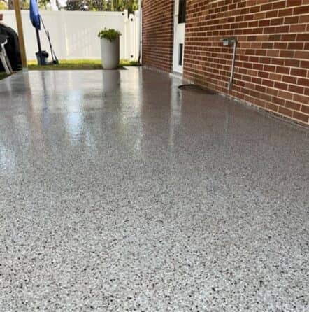 close-up of epoxy flake flooring for homeowner patio in york, pa