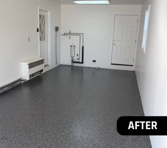after portrait of Nightfall Epoxy Flake Flooring installed for homeowner garage