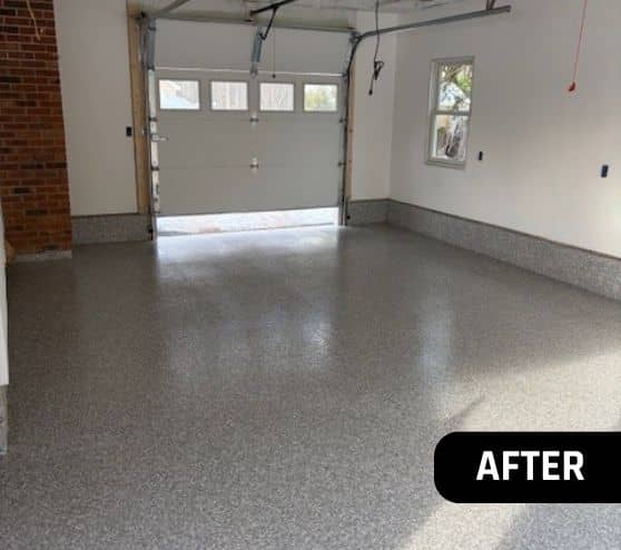 Stoney Creek Epoxy Flake Flooring installed for garage after portrait