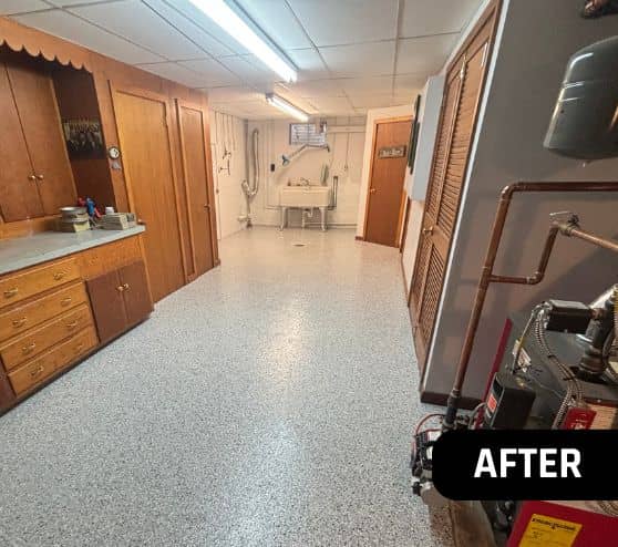 after portrait of homeowner basement with new epoxy flooring installed
