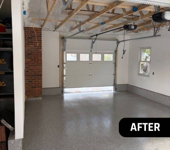 after portrait of homeowner garage with new Stoney Creek Epoxy Flake Flooring