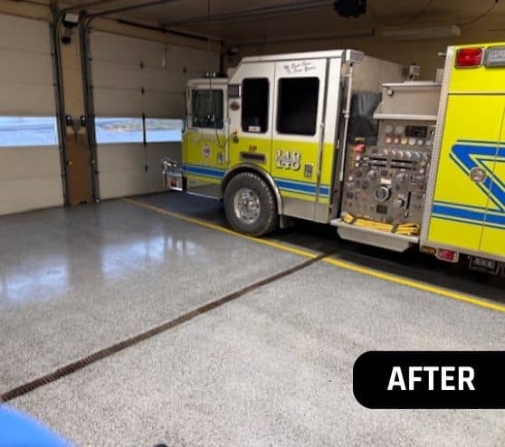fire truck parked inside of Volunteer Fire Department garage with new epoxy flooring