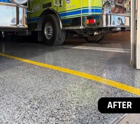after portrait of Volunteer Fire Department garage with new epoxy flake flooring