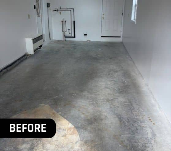 before portrait of homeowner garage with old concrete flooring