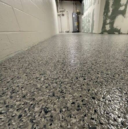 close-up of Tidal Wave Epoxy Flake Flooring for homeowner basement
