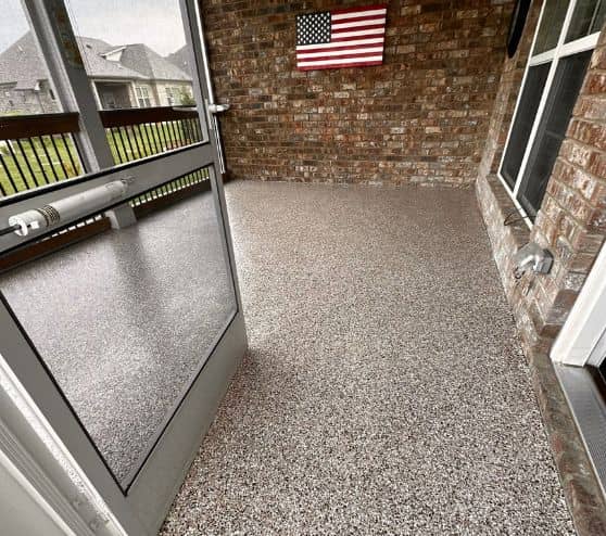 cappuccino epoxy flake flooring installed for homeowner patio