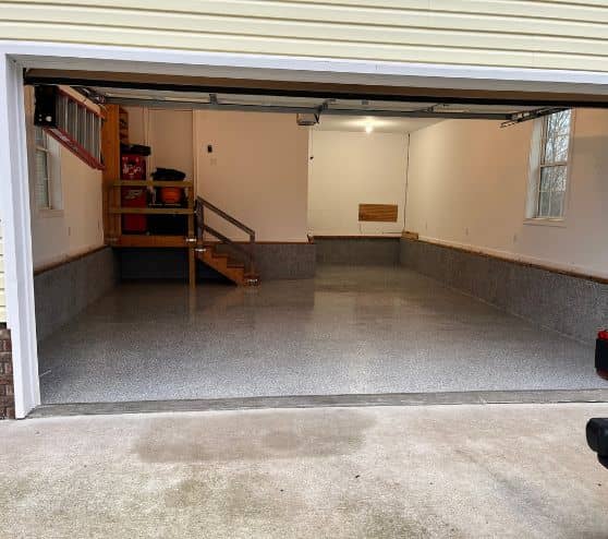 front view of homeowner garage with new epoxy flooring