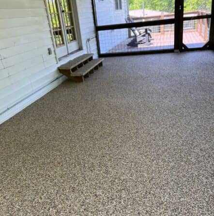 new epoxy flake flooring installed for homeowner screened in patio