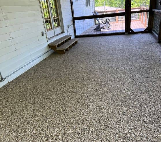 new epoxy flake flooring installed for homeowner screened in patio