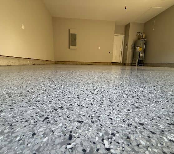 Lunar Epoxy Flake Flooring close-up in homeowner garage