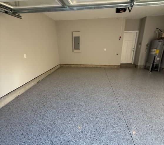 front view of homeowner garage with Lunar Epoxy Flake Flooring installed