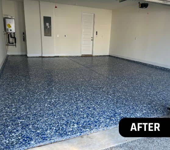 after portrait of homeowner garage with new epoxy flooring installed