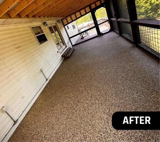 after portrait of homeowner screened in patio with new epoxy flake flooring