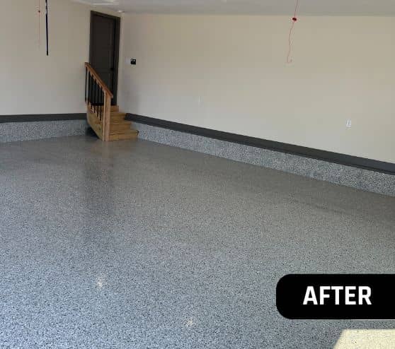 after portrait of homeowner garage with new epoxy flake flooring installed