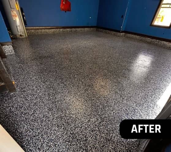 after portrait of homeowner garage with new epoxy flake flooring