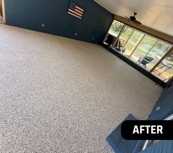 cappuccino epoxy flake flooring installed for homeowner patio