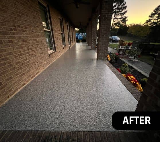 after portrait of homeowner porch with Madras Epoxy Flake Flooring installed