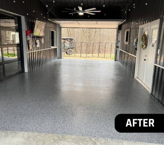 homeowner garage with new epoxy flooring installed