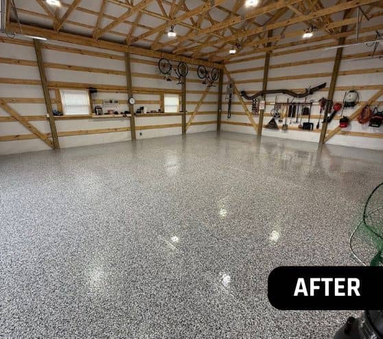after portrait of homeowner garage with new epoxy flake flooring installed