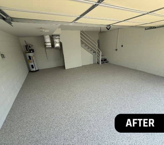 after portrait of homeowner garage with new epoxy flake flooring