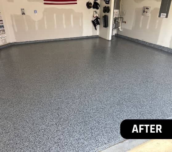 after portrait of homeowner garage with new graphite epoxy flake flooring installed