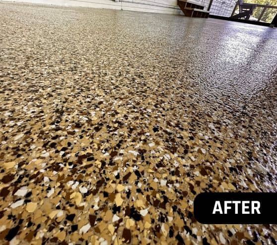 close-up of new epoxy flake flooring for homeowner patio