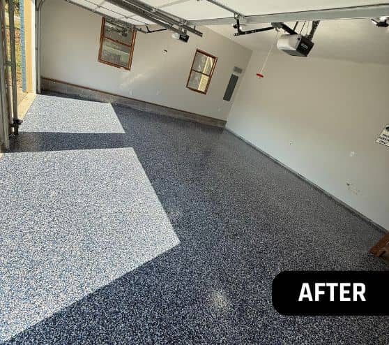 after portrait of homeowner garage with new epoxy flake flooring