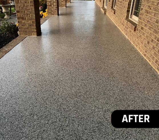 homeowner porch with new Madras Epoxy Flake Flooring installed
