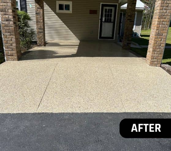 after portrait of homeowner carport with new epoxy flake flooring installed