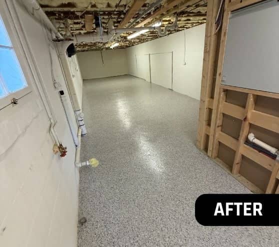 close-up of Lunar Epoxy Flake Flooring homeowner basement hallway