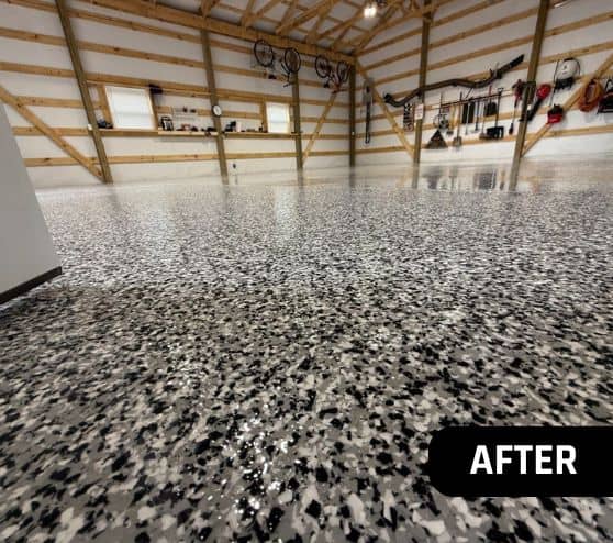 after portrait of homeowner garage with tuxedo epoxy flake flooring