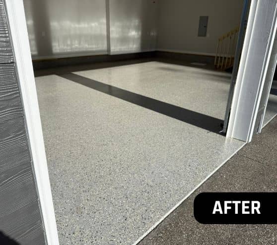 after portrait of homeowner garage with Dolphin Flake Epoxy Flake Flooring installed