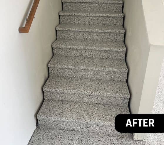 homeowner stairs with new epoxy flooring