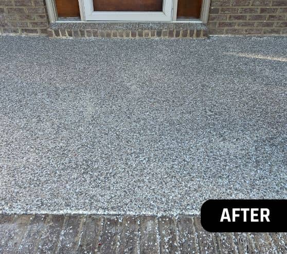 after portrait close-up of Madras Epoxy Flake Flooring installed for homeowner porch