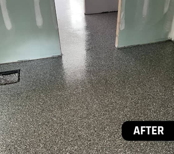 Stoney Creek Epoxy Flake Flooring installed for homeowner barn after portrait
