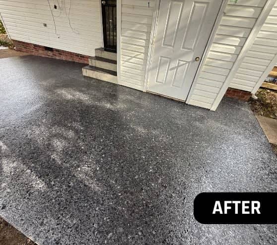 Brindle Carbon Epoxy Flake Flooring installed for homeowner patio after portrait