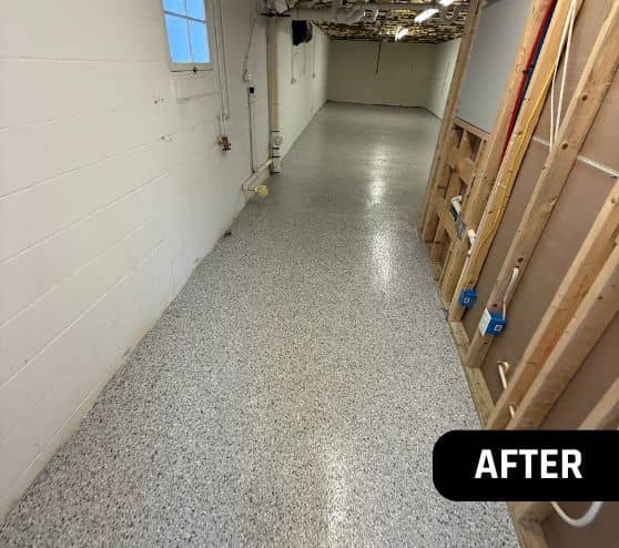 Lunar Epoxy Flake Flooring for Homeowner Basement installed front view