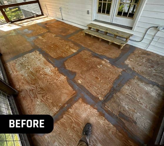 before portrait of homeowner screened patio with old wooden floor