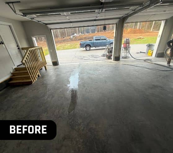 homeowner garage with old concrete flooring before portrait