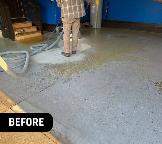 before portrait of homeowner garage with old concrete